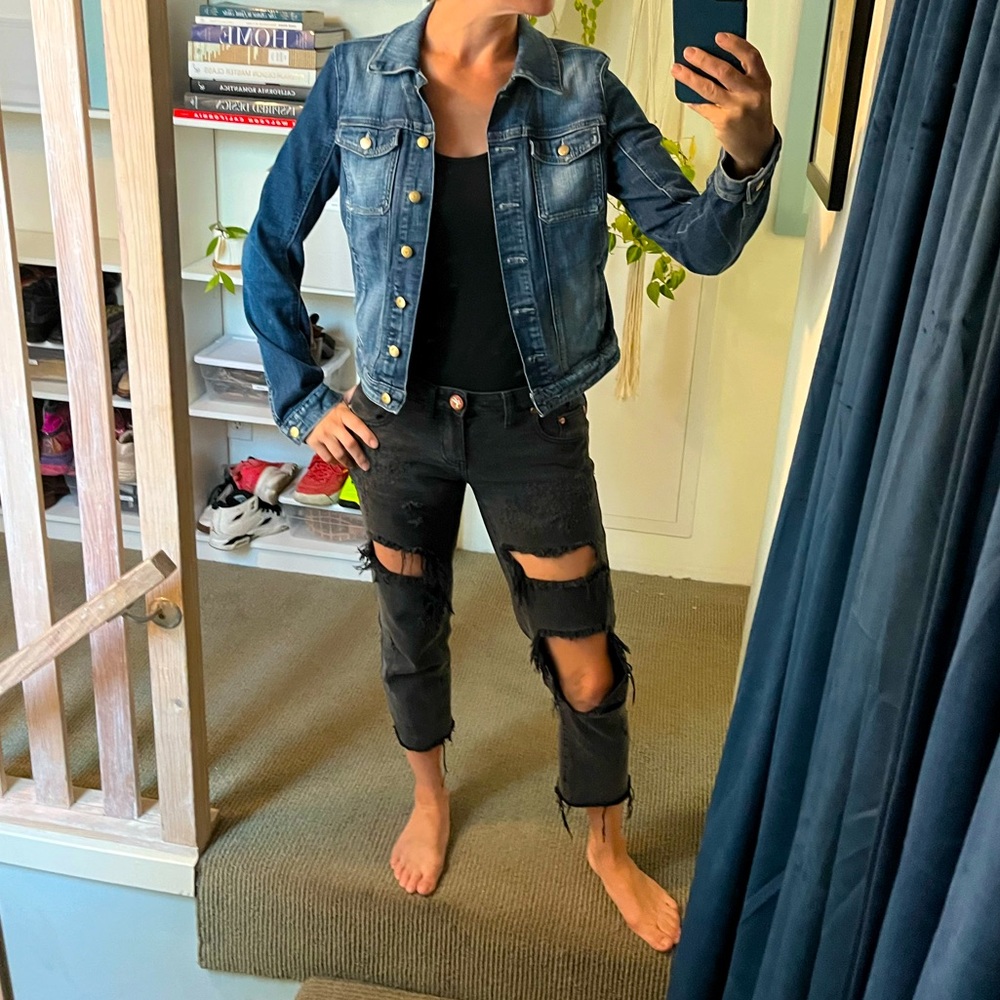 Vintage GUESS Dark Distressed Blue Denim Jean Jacket